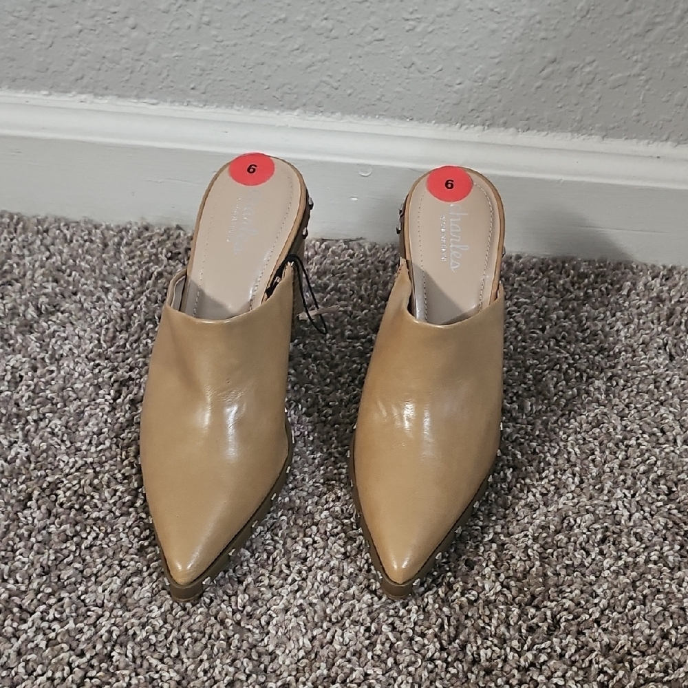 Charles David Pointed Toe Tan Mules